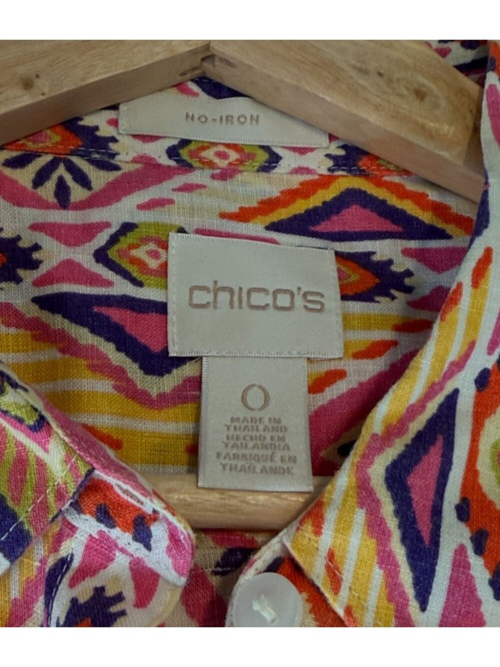 Chico's Multicolor Geometric Pattern Collared Linen Blouse Size Small - Picture 7 of 10